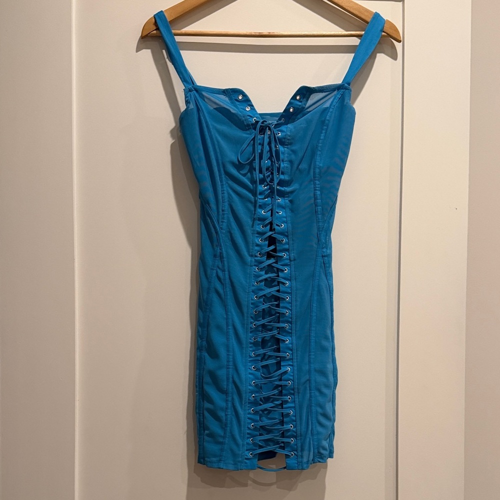 Oh Polly Turquoise Lace-Up Corset Mini Dress
